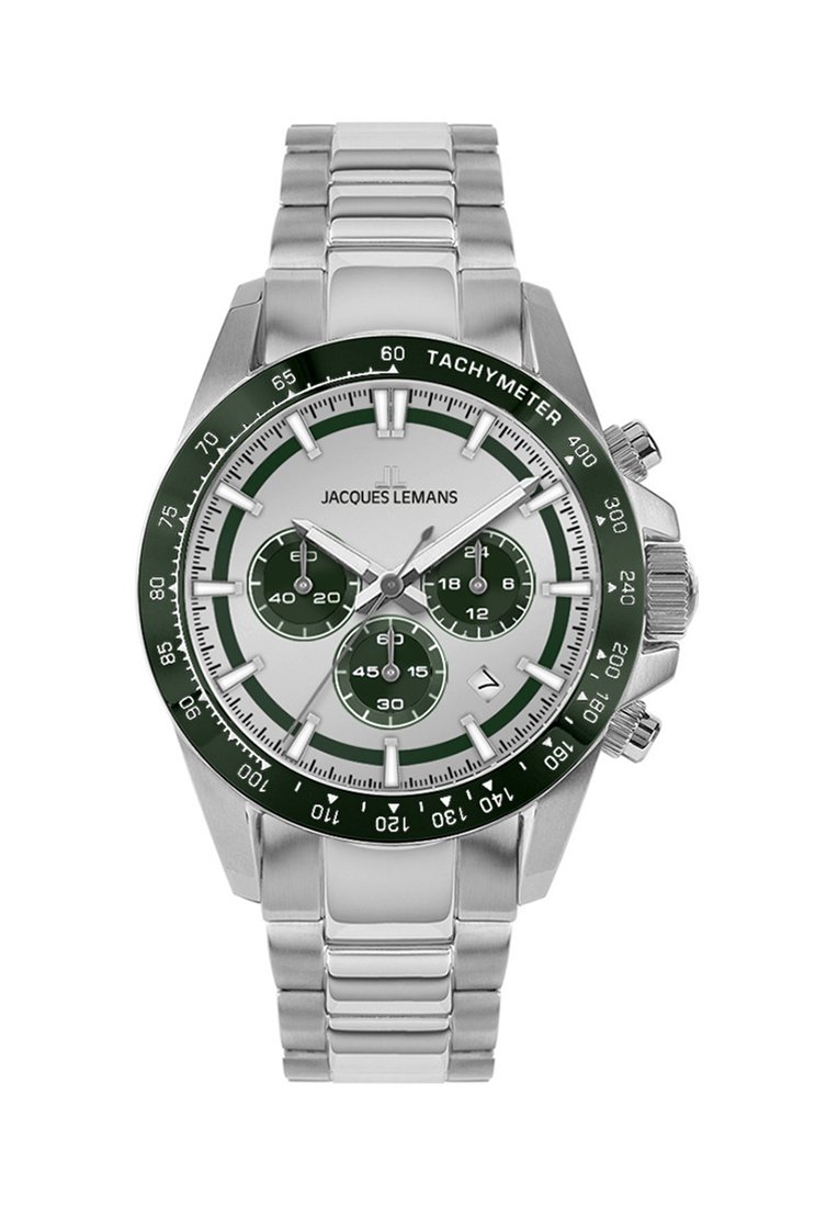 Silberner Edelstahl-Uhren mit bezogenem grünen Tachymeter, weißem Zifferblatt, drei Teilzifferblättern und kräftigen schwarzen Stundenmarkierungen. Verstellbares Gliederarmband.