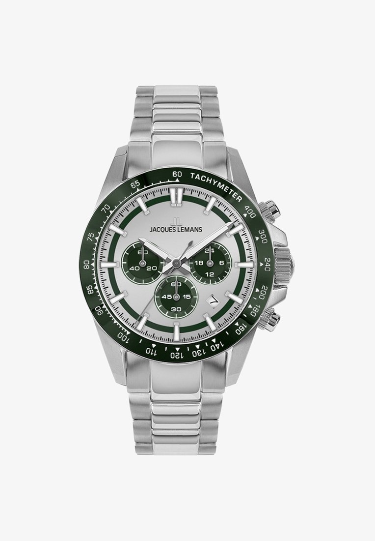 Sudraba nerūsējošā tērauda pulkstenis ar zaļu tachymeter bezeli, baltu ciparnīcu, trim sub-dialiem un izteiksmīgiem melniem stundu rādītājiem. Reguliējams links aproce.