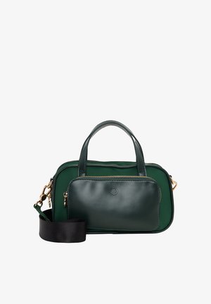 Grøn kunstlæder håndtaske med en lynlåslomme foran, to toppeti greb og en aftagelig sort rem. Guldfarvede metaldele.