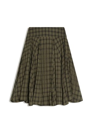 Spódnica w kształcie litery A w kolorze oliwkowej zieleni z plisami i czarnym wzorem w kratę, pokazana na płasko na białym tle.