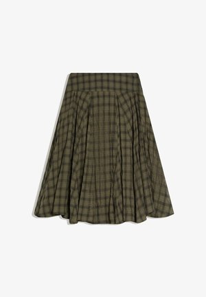 Olijfgroene A-lijn rok met plooien en zwart ruitpatroon, plat liggend weergegeven op een witte achtergrond.