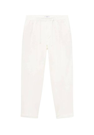Pantalones blancos ligeros con cintura elástica y cordón. Cuentan con bolsillos laterales y piernas ajustadas. Textura suave sin patrones.