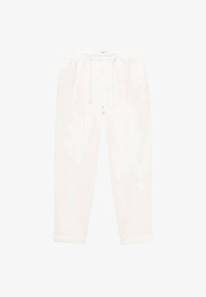 Pantalones blancos ligeros con cintura elástica y cordón. Cuentan con bolsillos laterales y piernas ajustadas. Textura suave sin patrones.