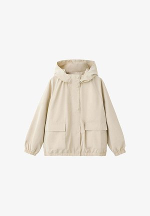 Hellbeige Kapuzenjacke mit Druckknopfverschluss, zwei aufgesetzten Fronttaschen, elastischen Bündchen und leicht gerafftem Saum.