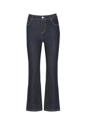 Jeans in denim blu scuro con vita alta, chiusura con bottoni, tasche anteriori e gambe leggermente svasate.