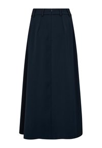 Falda en línea A de color azul marino con cintura ajustada, parte frontal plisada y cremallera oculta. Hecha de un tejido liso y estructurado con un diseño fluido.