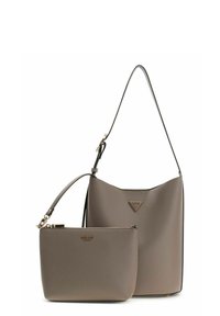 Sac hobo à boucle en similicuir taupe texturé, avec un accent logo, accompagné d'une petite pochette zippée en matériau identique.