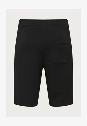 Shorts en coton noir avec une ceinture élastique, dotés d'une poche arrière simple et d'une texture lisse. Design simple, coupe arrivant au genou.