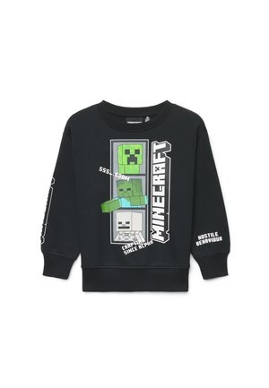 Felpa nera Minecraft con personaggi pixelati Creeper, zombie e scheletro e testo bianco "Minecraft" e frasi su davanti e maniche.