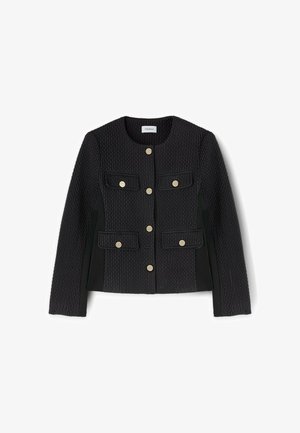 Giacca nera texturizzata realizzata in tessuto a coste, con bottoni dorati, due tasche frontali e un design con collo rotondo e maniche lunghe.