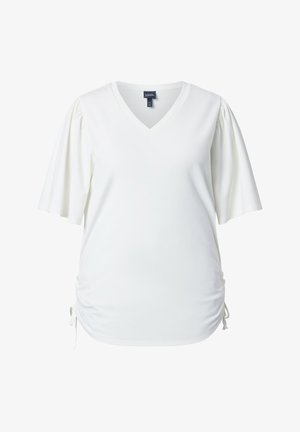 Hvid V-hals bluse med pufærmer til albuen og justerbar rynkning i siden med snore.
