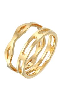 Goldfarbener Ring mit zwei Bändern und offener Gestaltung, versehen mit ovalen Ausschnitten. Hergestellt aus 925er Sterling Silber, zeigt eine elegante, moderne Form.