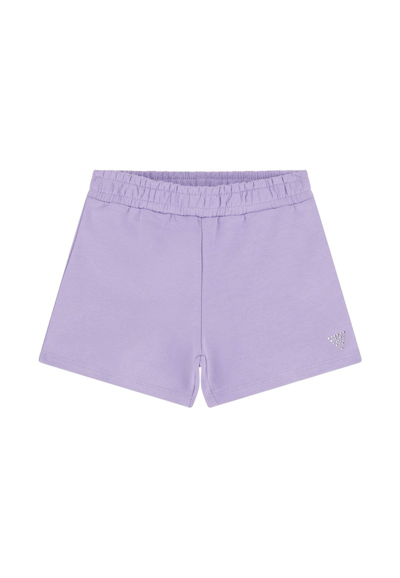 Violeta kokvilnas šorti ar elastīgu jostu, kurus rotā neliels trīsstūrveida logotips no rhinestone akmeņiem apakšējā labajā stūrī.