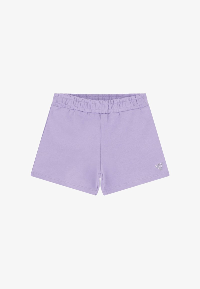Fioletowe bawełniane szorty z elastyczną talią, z małym trójkątnym logo wysadzanym kryształkami w prawym dolnym rogu.