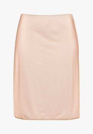 Helle beigefarbene knielange Rock, gefertigt aus glattem Stoff mit leichtem Glanz. Verfügt über einen einfachen, elastischen Bund für zusätzlichen Komfort.