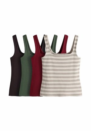 Tanktops in Braun, Grün, Rot und Beige mit horizontalen Streifen, überlappend auf weißem Hintergrund angeordnet.
