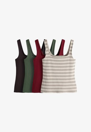 Tanktops in Braun, Grün, Rot und Beige mit horizontalen Streifen, überlappend auf weißem Hintergrund angeordnet.
