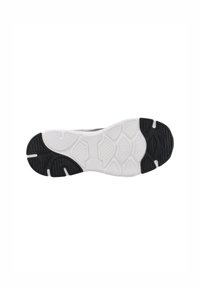 Schwarz-weißer Sport Schuhsohle mit einem strukturierten, gemusterten Design, das einen dicken äußeren Rand und einen multidirektionalen Grip auf der Laufsohle aufweist.
