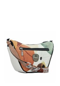 Bunte Tasche mit einem abstrakten Blumenmuster, ausgestattet mit einer Reißverschlusstasche, einem verstellbaren Tragegurt und einem texturierten weißen Boden.