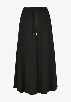 Fustă maxi neagră realizată dintr-un material ușor, cu talie elastică și șnur. Prezintă o formă evazată, fluidă.