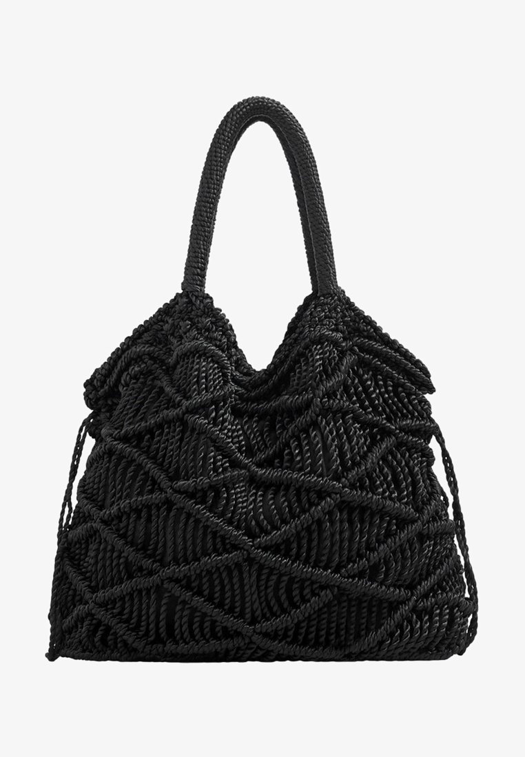 Sac fourre-tout tressé noir avec une surface texturée, présentant une corde torsadée comme élément de design. Deux poignées robustes pour le transport.