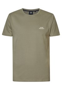 Camiseta de manga corta verde oliva. Material de algodón con cuello redondo, que presenta un pequeño logo de marca en blanco en el lado izquierdo del pecho. Textura suave.