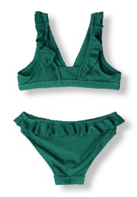 Green textured bikini featuring ruffled accents on the bralette and bottom. The design includes a V-neckline and adjustable straps.