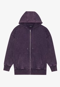 Felpa con zip viola, dotata di cappuccio con cordino, tasche a marsupio e polsini a costine. Realizzata in un morbido tessuto testurizzato con un effetto sbiadito.