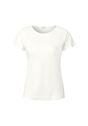 Witte T-shirt met korte mouwen van zacht katoen. Heeft een ronde halslijn en subtiele textuur op de schoudernaden. Eenvoudig, klassiek ontwerp.