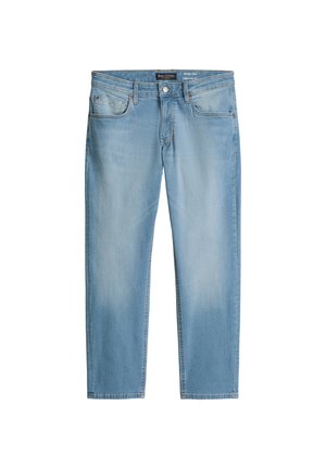 Jean bleu clair à jambes droites avec cinq poches, fermeture par bouton et zip, et légère décoloration au niveau des cuisses et des genoux.