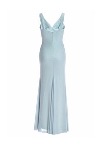 Robe sirène sans manches bleu clair avec un dos en V profond et une fermeture éclair au centre du dos, longueur au sol avec une légère évasement à l'ourlet.