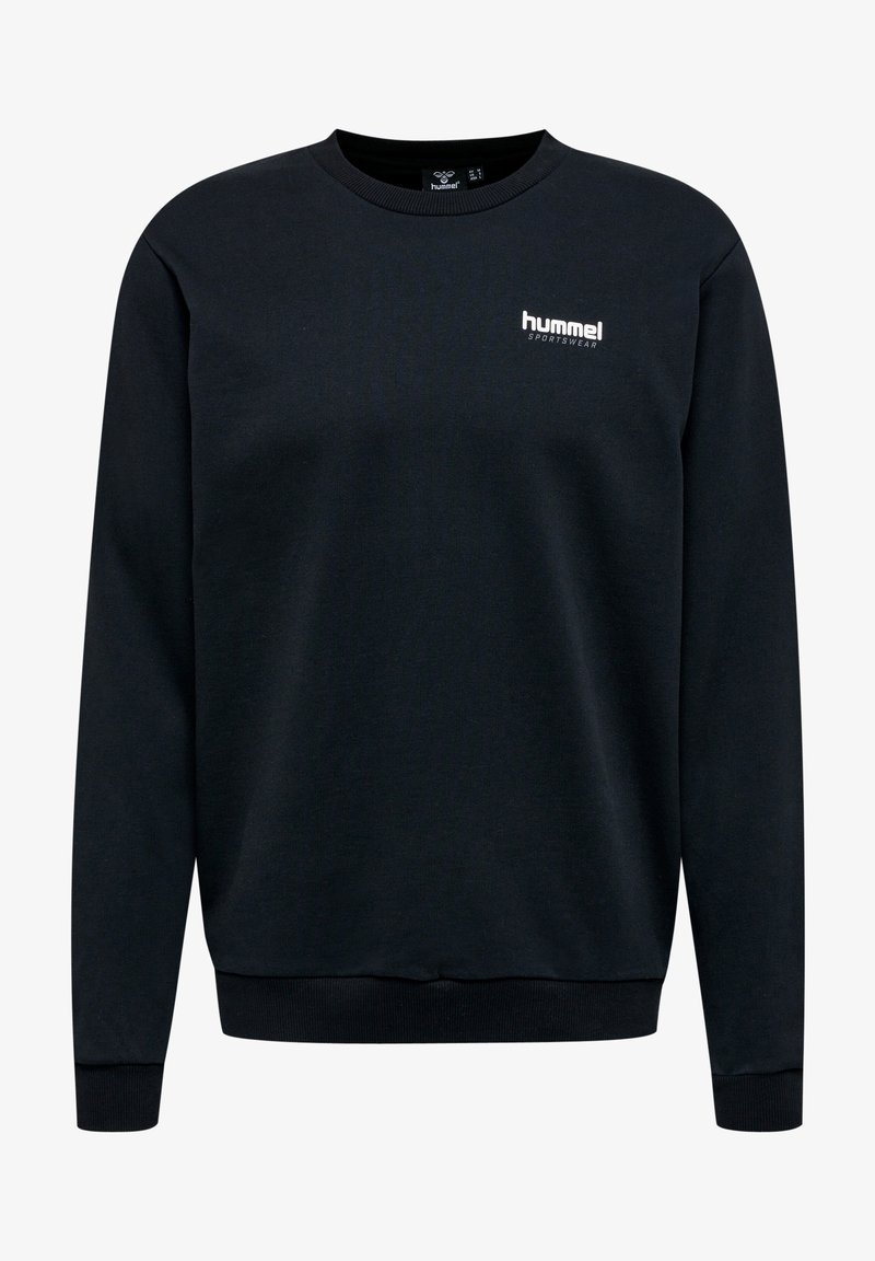 Svart sweatshirt med rundad halsringning, långa ärmar, ribbad mudd och nedkant, med en vit "hummel"-logotyp på bröstet. Tillverkad av mjukt tyg.