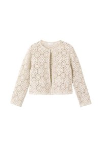 Krajková bunda v krémové barvě s kruhovými a květinovými vzory, kulatým výstřihem, dlouhými rukávy a otevřeným předním dílem. Lehká texturovaná látka.