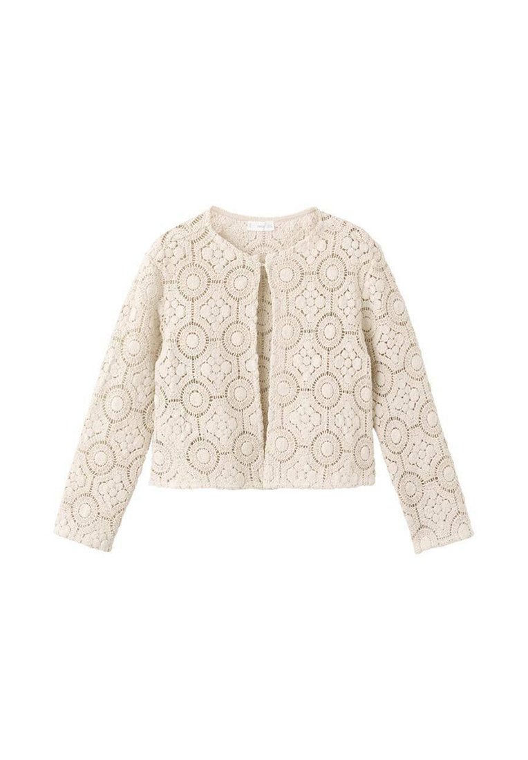 Krajková bunda v krémové barvě s kruhovými a květinovými vzory, kulatým výstřihem, dlouhými rukávy a otevřeným předním dílem. Lehká texturovaná látka.