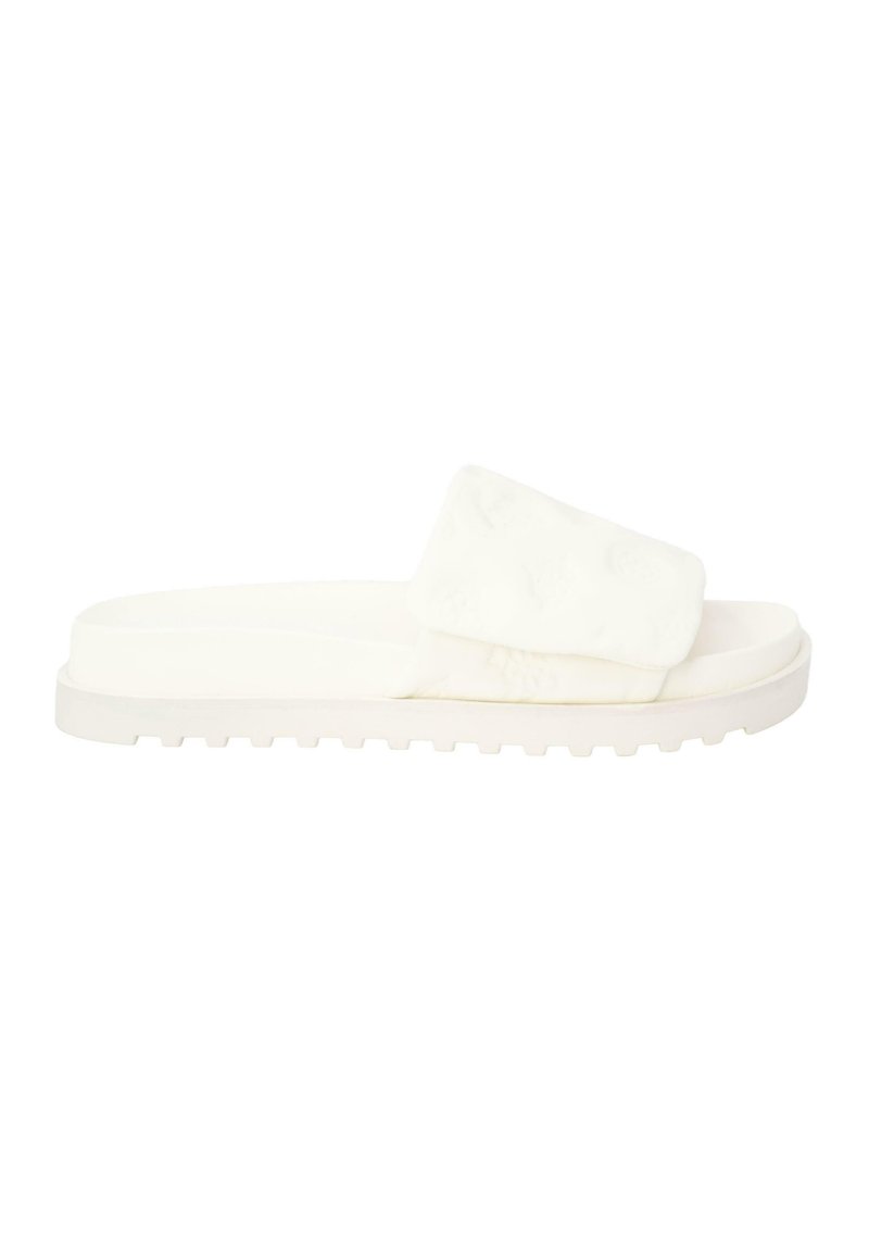 Sandalo bianco con una fascia superiore soffice, superficie texturizzata e una suola spessa e rigata per aderenza e supporto. Design semplice e moderno.