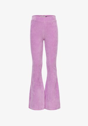 Roze corduroy broek met uitlopende pijpen, verticale ribbels, een elastische tailleband en een zachte textuur. De uitlopende zoom geeft het ontwerp extra volume.