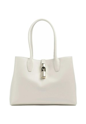 Borsa tote in pelle bianca con due manici e una chiusura centrale in metallo argento su uno sfondo bianco uniforme.