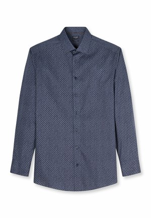 Camicia blu navy a maniche lunghe con bottoni, piccolo motivo geometrico bianco e colletto appuntito, distesa su sfondo bianco.