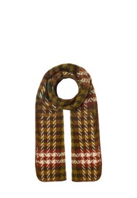 Strikket vinterhalstørklæde med flerfarvet hundetandsmønster i grøn, rød, hvid og brun, foldet med en løkke øverst.