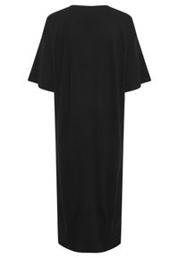 Must tume oversized T-särk kleit lühikeste varrukatega, pehmest kangast, sirge silueti ja ümarate kaeluste kõrgus.