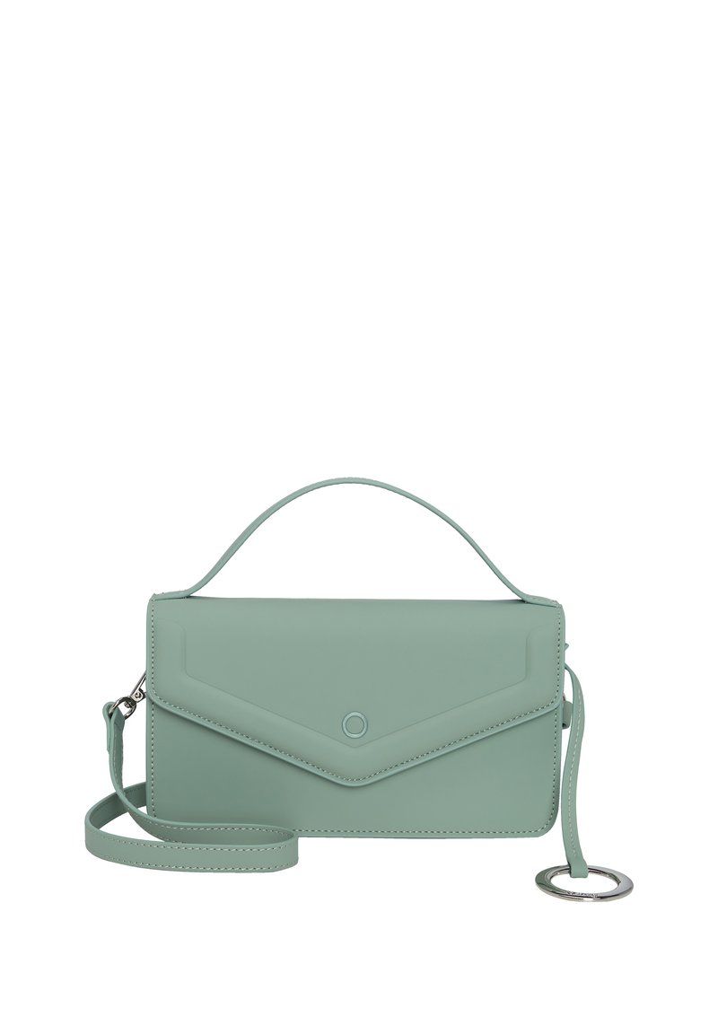 Borsa a tracolla in pelle verde menta con design a busta, tracolla rimovibile e dettaglio hardware circolare. Texture liscia, cuciture minime.