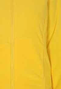 Giacca in fleece gialla con una texture liscia, chiusura a cerniera completa e cuciture laterali, progettata per calore e comfort.
