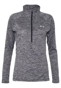 Grauer Pullover mit langen Ärmeln und Viertel-Reißverschluss, ausgestattet mit einem strukturierten Muster, schwarzem Reißverschluss und kleinem Logo auf der linken Brust.