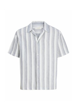 Rövid ujjú, gombos ing, függőleges fehér és szürke csíkokkal és klasszikus gallérral, fehér háttéren bemutatva.