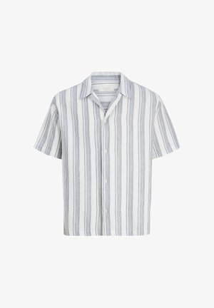 Kurzärmliges Hemd mit Knöpfen, vertikalen weißen und grauen Streifen und klassischem Kragen, auf weißem Hintergrund dargestellt.