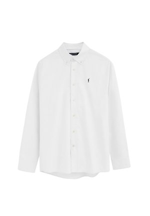 Wit overhemd met lange mouwen en knopen, een button-down kraag en een klein donkerblauw geborduurd golferlogo op de linkerborst.