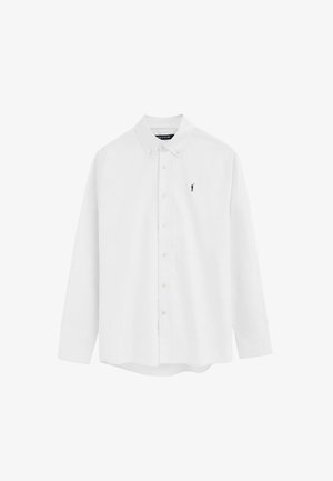 Wit overhemd met lange mouwen en knopen, een button-down kraag en een klein donkerblauw geborduurd golferlogo op de linkerborst.