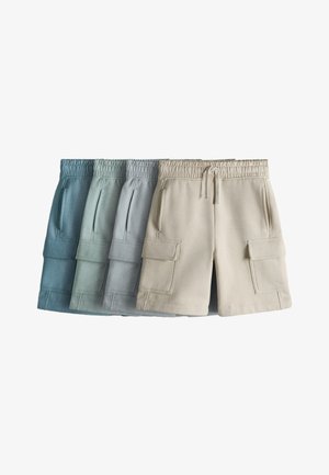 Cinco pares de pantalones cortos cargo en diferentes tonos desde beige hasta azul, cada uno con cintura elástica, cordones, bolsillos laterales y bolsillos delanteros con solapa.