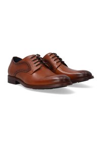 Bruine leren veterschoenen met een gladde afwerking en gestructureerde accenten aan de bovenkant. Rond ingekapte neus en lage gestapelde hak.