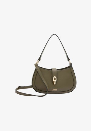 Olijfgroene leren handtas met een gebogen vorm, gouden hardware en een klepsluiting. Voorzien van een afneembare schouderriem voor veelzijdig gebruik.